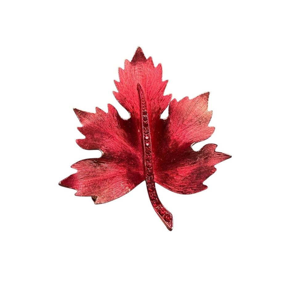 Red Maple Leaf Brooch Gold‎ Tone Enamel Rhinestone Stem Fall Autumn Pin